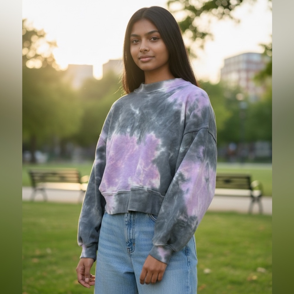 Tie-Dye Cropped Sweatshirt - Purple & Gray